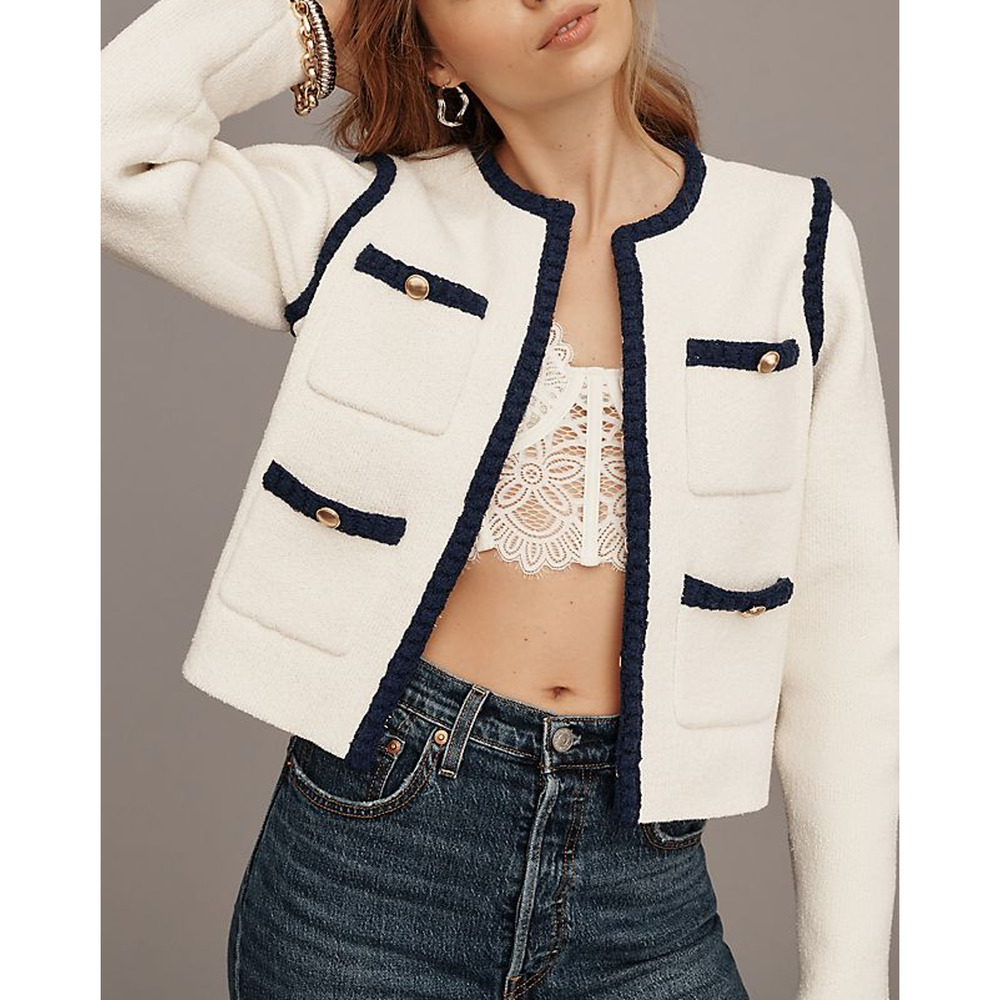 Maeve Collarless Tipped Knit White Acrylic Jacket Size XS